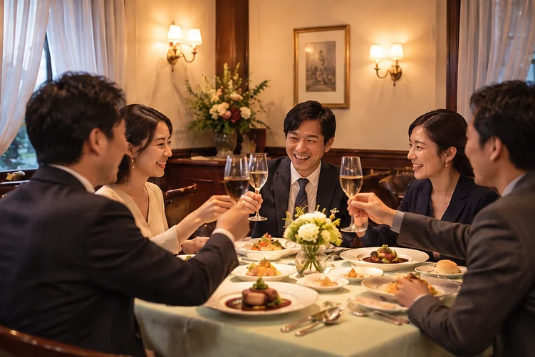 複数人で楽しむレストランの食事風景