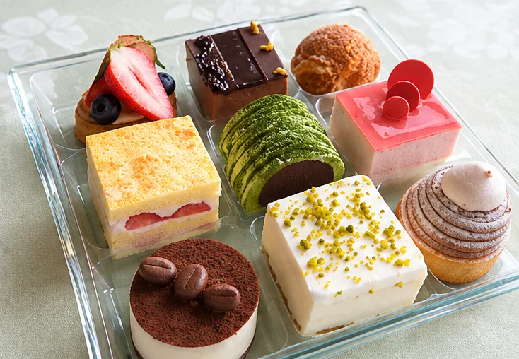 ガラスのトレイに並んだ色とりどりのケーキの盛り合わせ